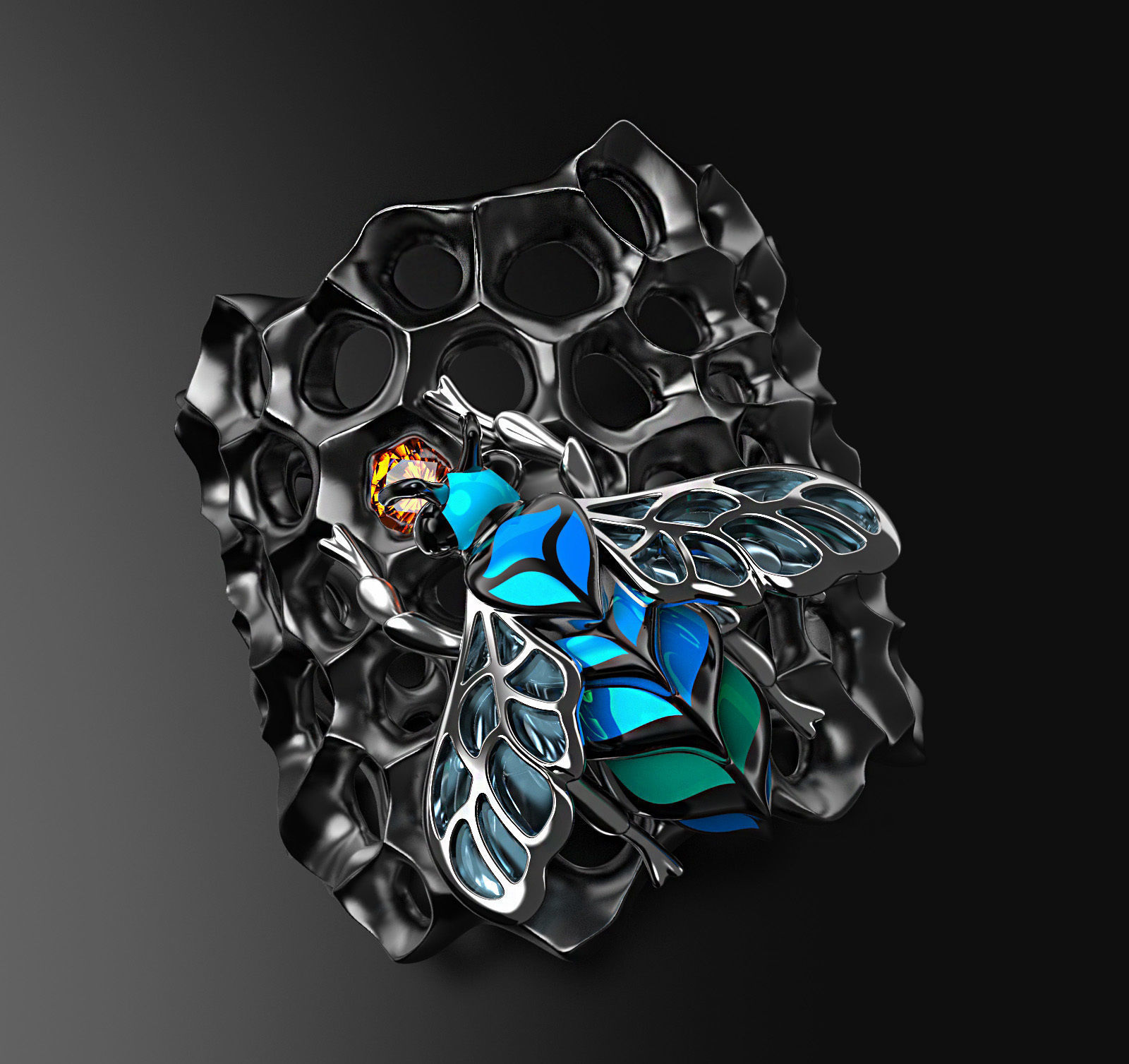 Blue Bee enamel ring 3D print model_1