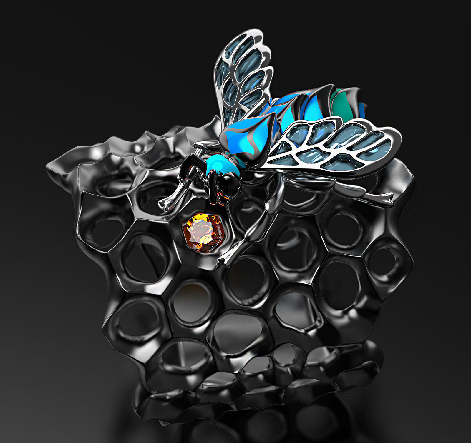 Blue Bee enamel ring 3D print model_2