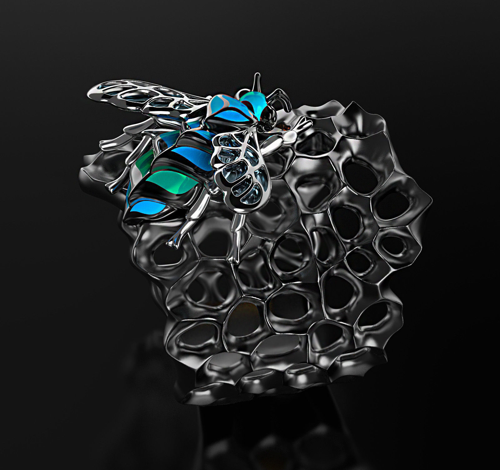 Blue Bee enamel ring 3D print model_3