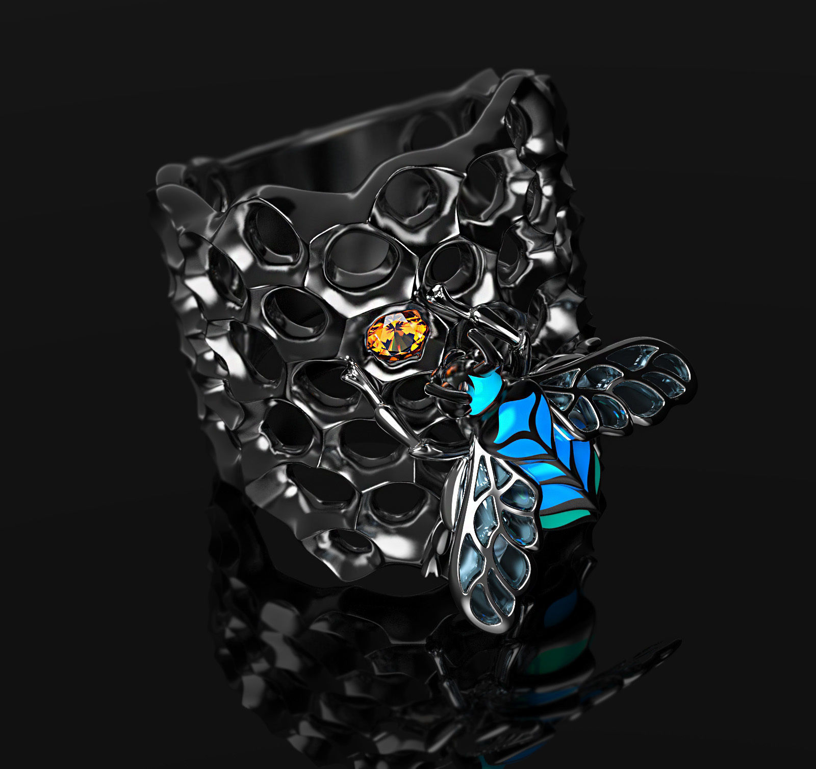 Blue Bee enamel ring 3D print model_4