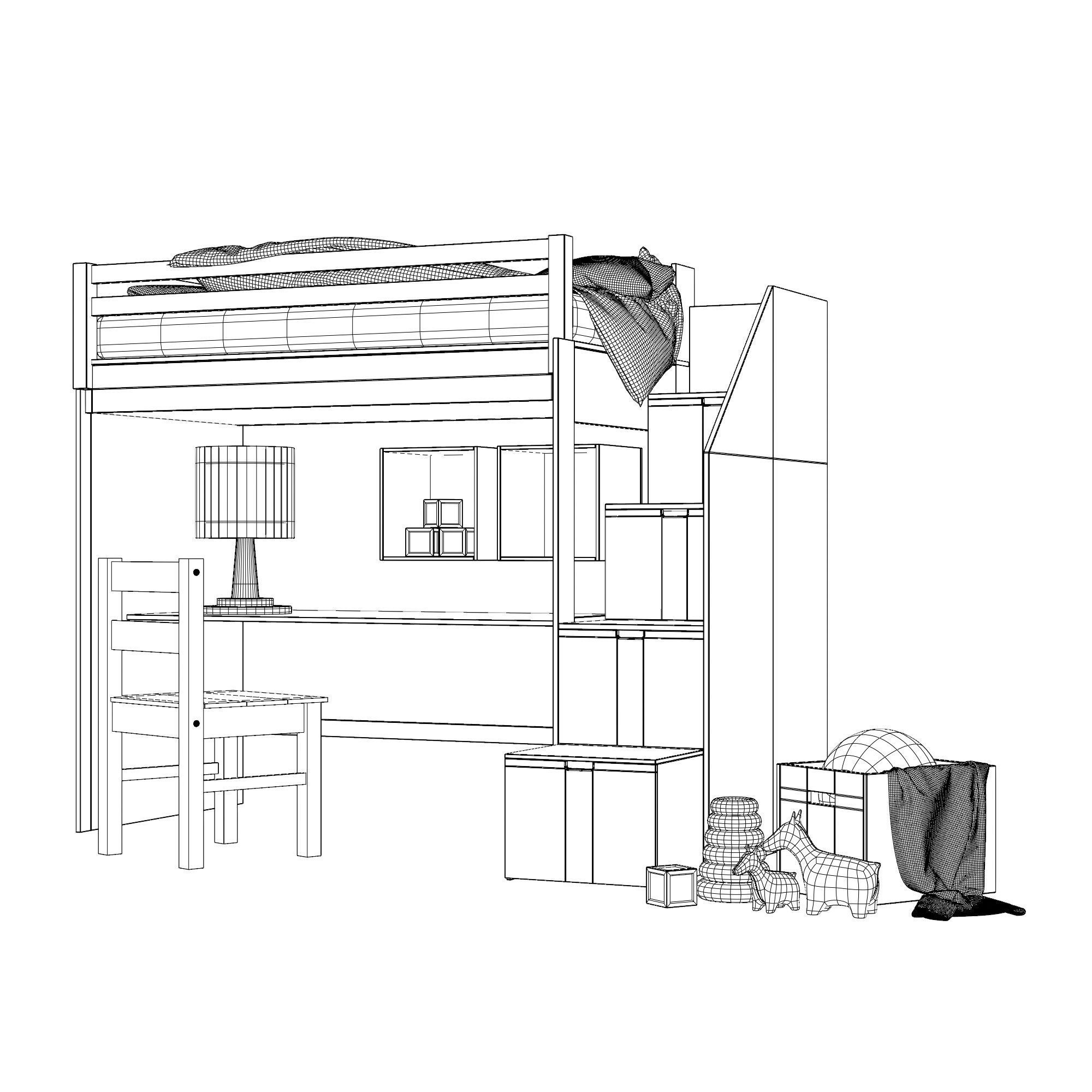 Childrens Bunk Bed Low-poly 3D model_9