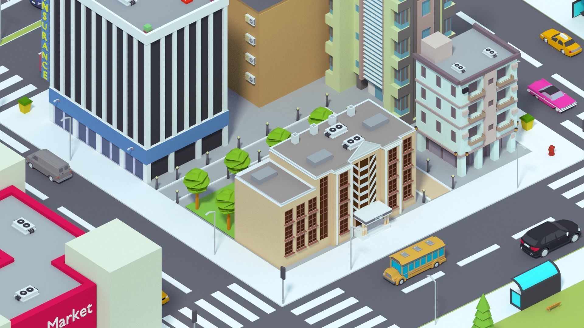 Low Poly City building with windows and balconies Low-poly 3D model_9