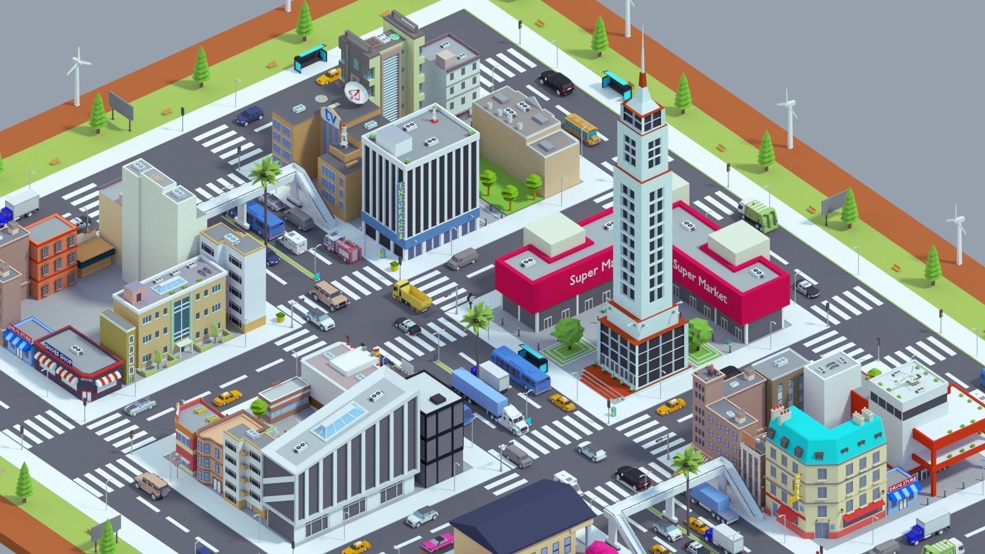 Low Poly City building with windows and balconies Low-poly 3D model_7