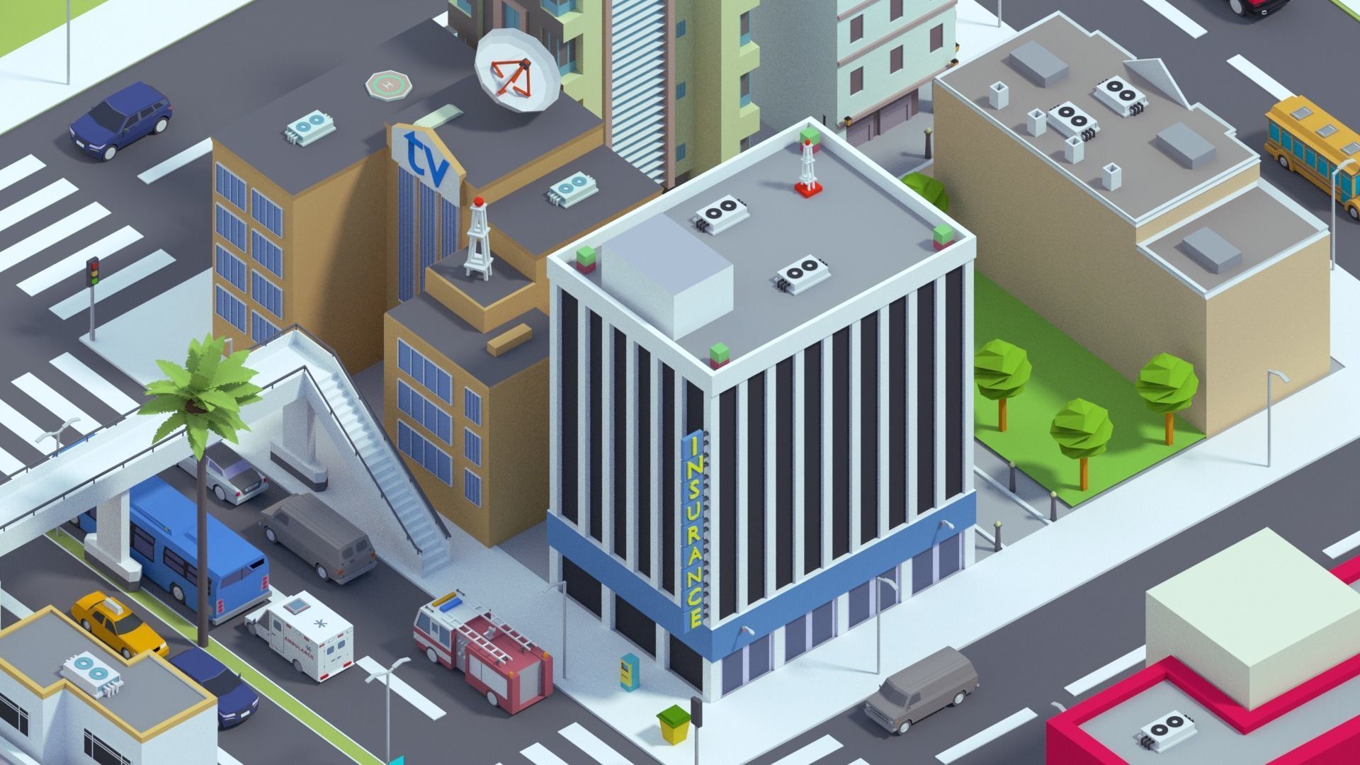 Low Poly City building with windows and balconies Low-poly 3D model_8