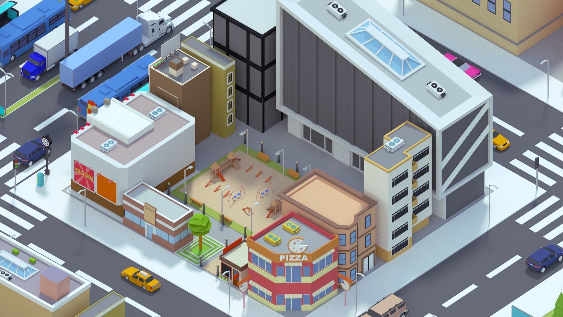 Low Poly City building with windows and balconies Low-poly 3D model_12