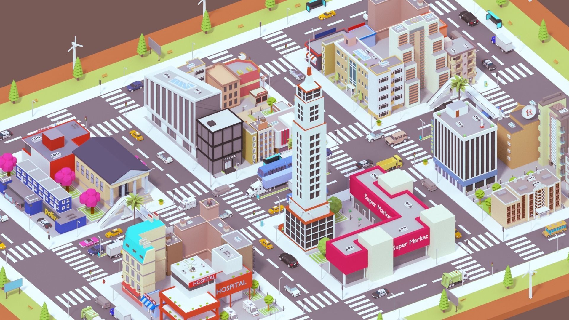 Low Poly City building with windows and balconies Low-poly 3D model_5