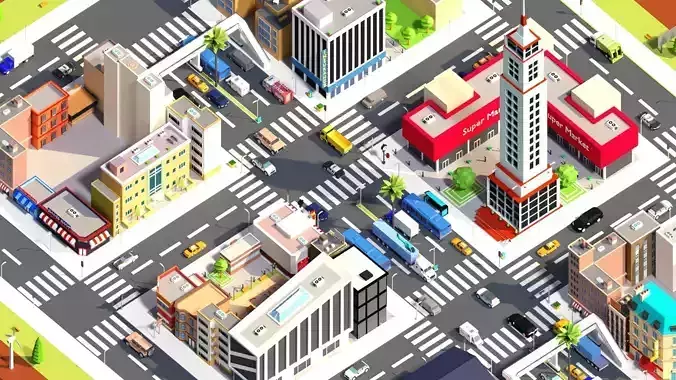 Low Poly City building with windows and balconies Low-poly 3D model