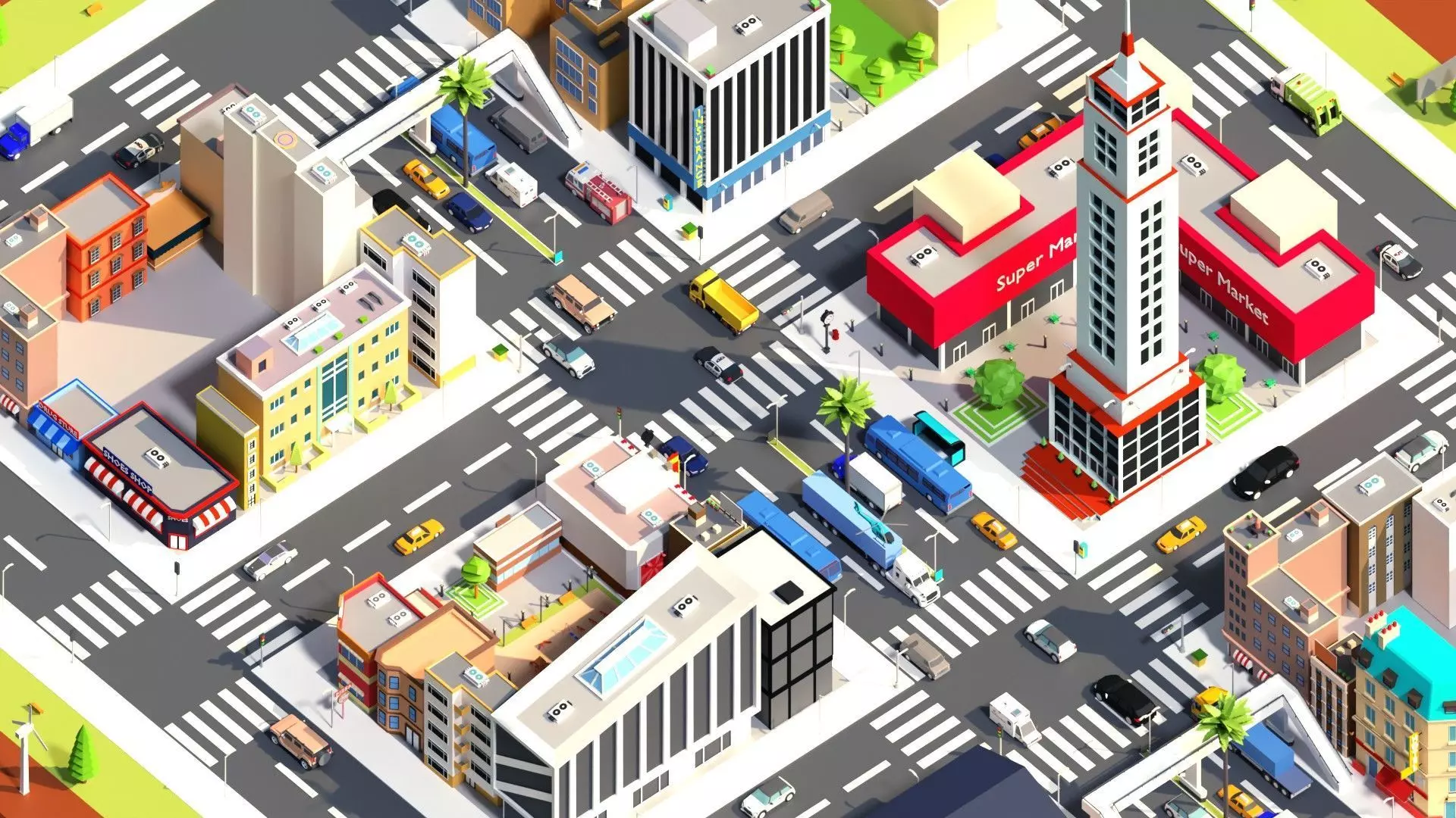 Low Poly City building with windows and balconies Low-poly 3D model_0