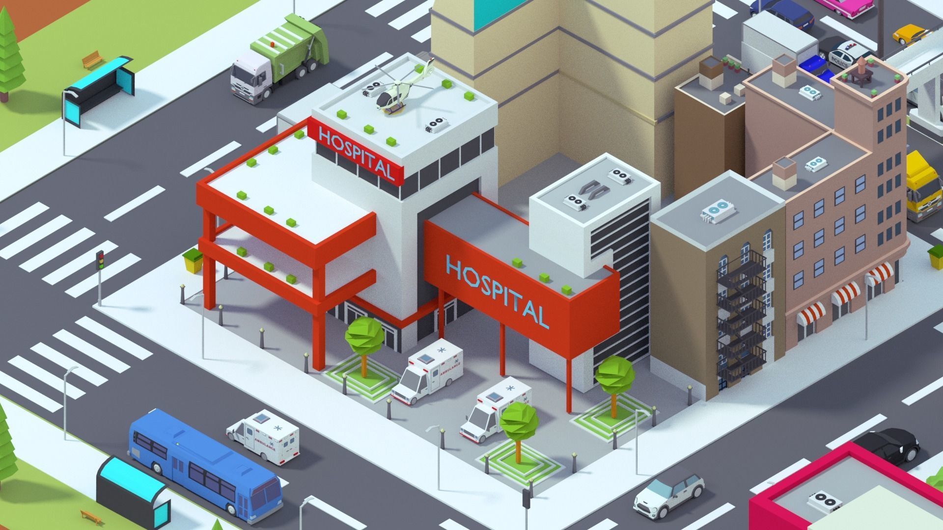 Low Poly City building with windows and balconies Low-poly 3D model_6