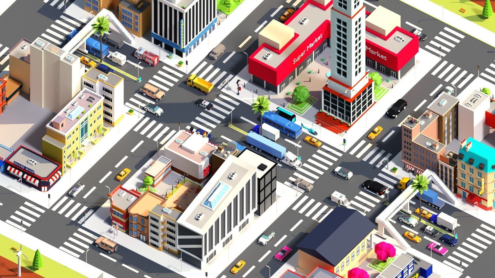 Low Poly City building with windows and balconies Low-poly 3D model_2