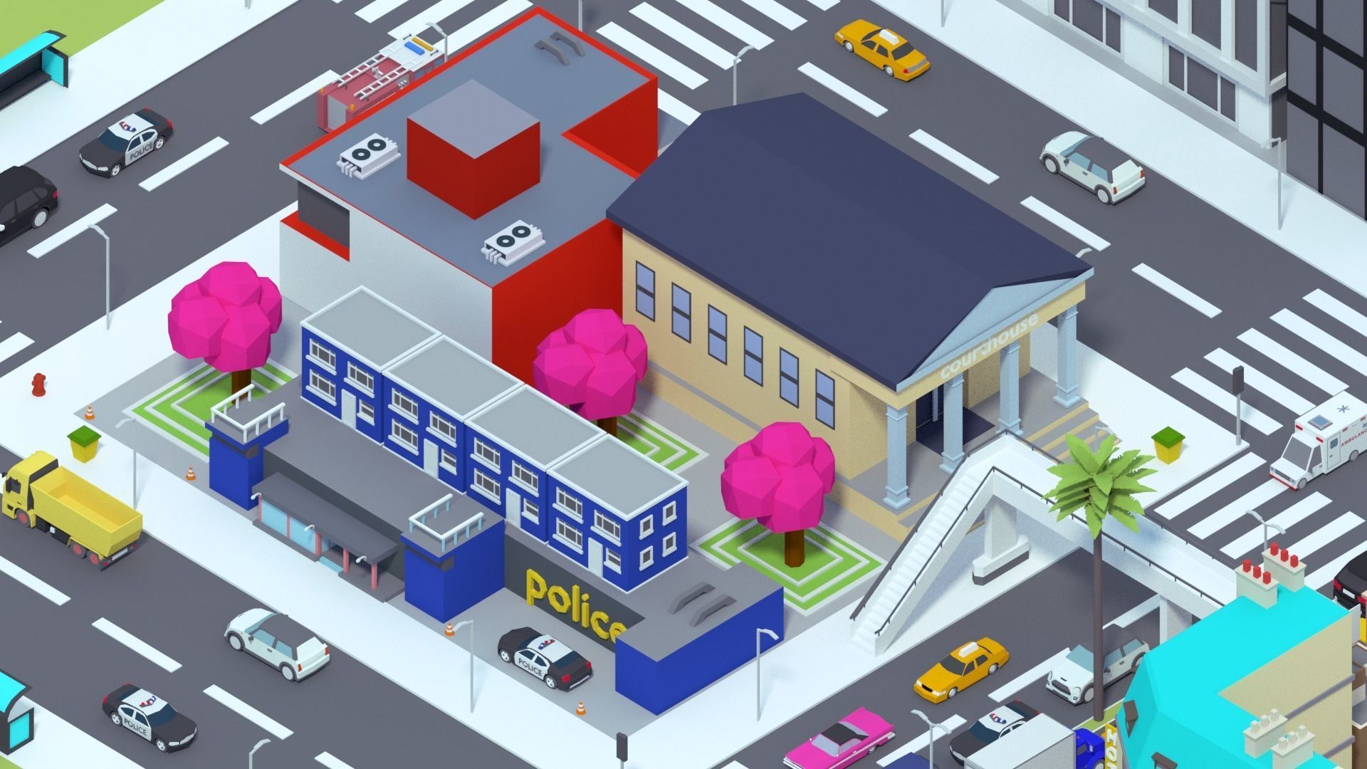 Low Poly City building with windows and balconies Low-poly 3D model_13