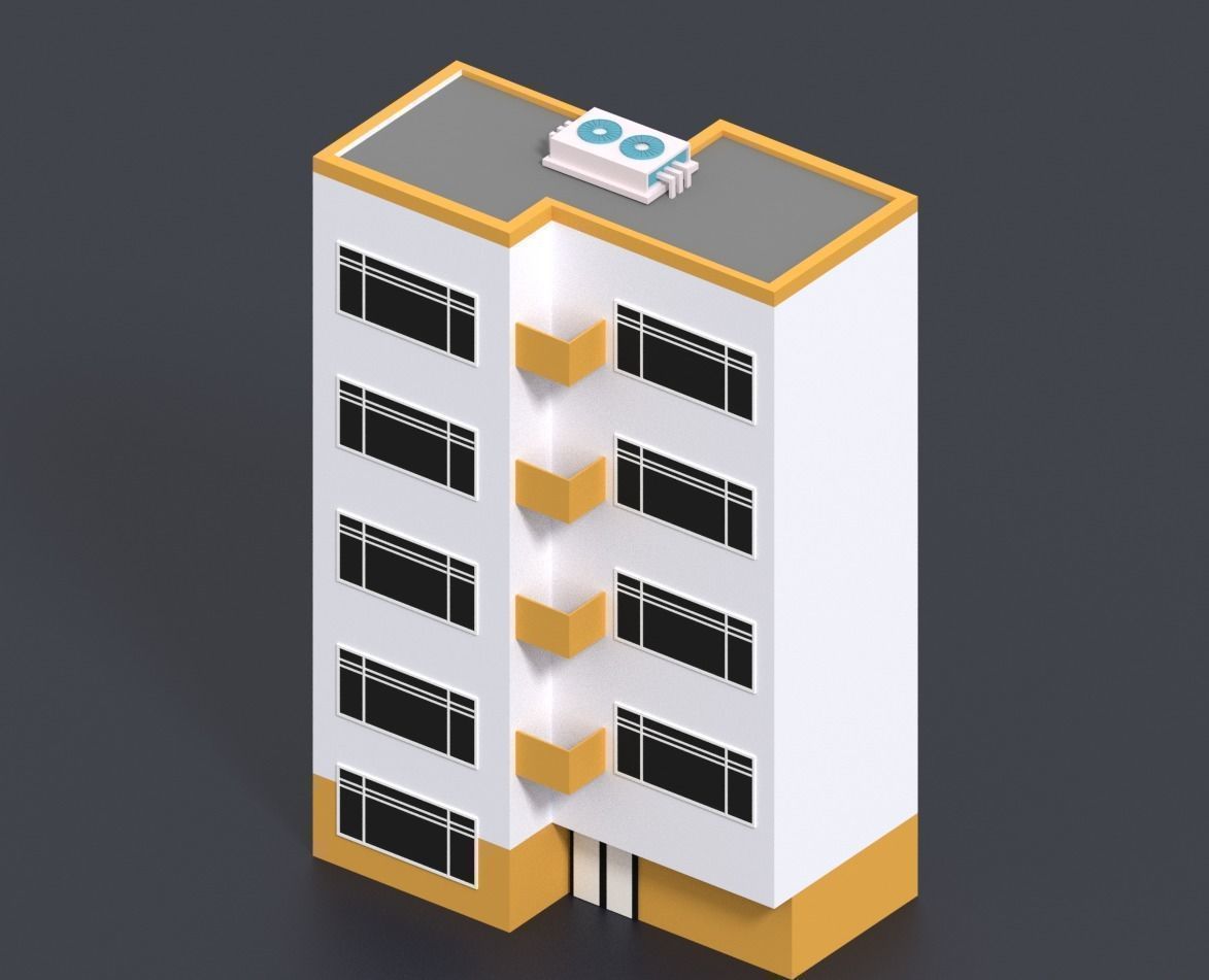 Low Poly City building with windows and balconies Low-poly 3D model_35