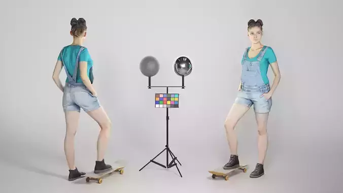 Young woman in denim on a skateboard 169 Low-poly 3D model