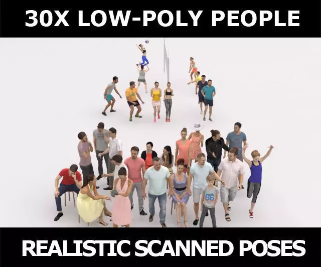 30x MAN WOMAN SUMMER CASUAL SPORT PEOPLE SITTING WOMAN CROWDS Low-poly 3D model