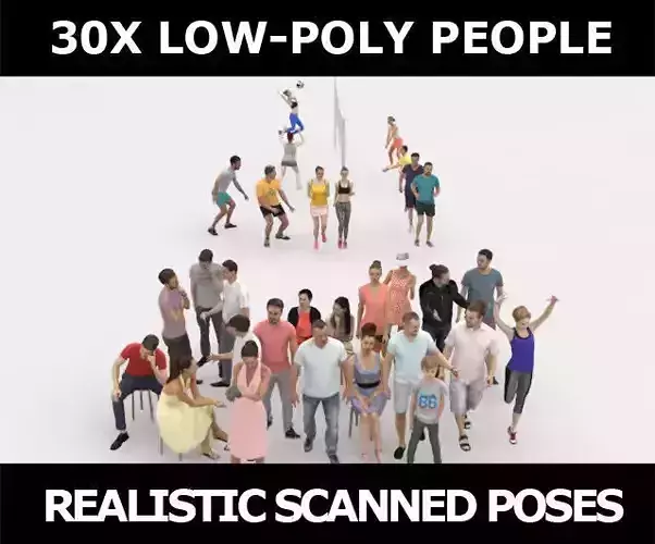 30x MAN WOMAN SUMMER CASUAL SPORT PEOPLE SITTING WOMAN CROWDS Low-poly 3D model