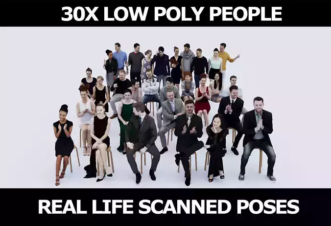 30x MAN WOMAN SITTING MAN ELEGANT CASUAL PEOPLE CASUAL CROWDS Low-poly 3D model
