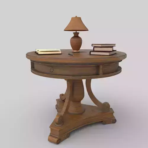 Table round with books and lamp