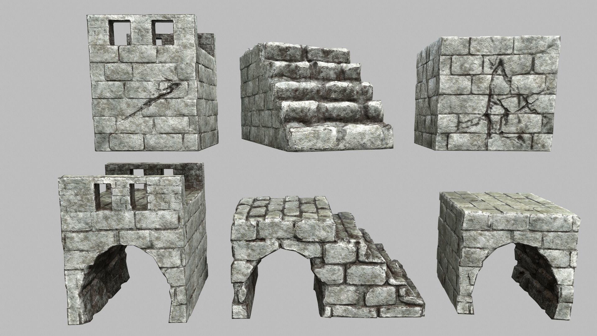 Stair Set brick wall Low-poly 3D model_3
