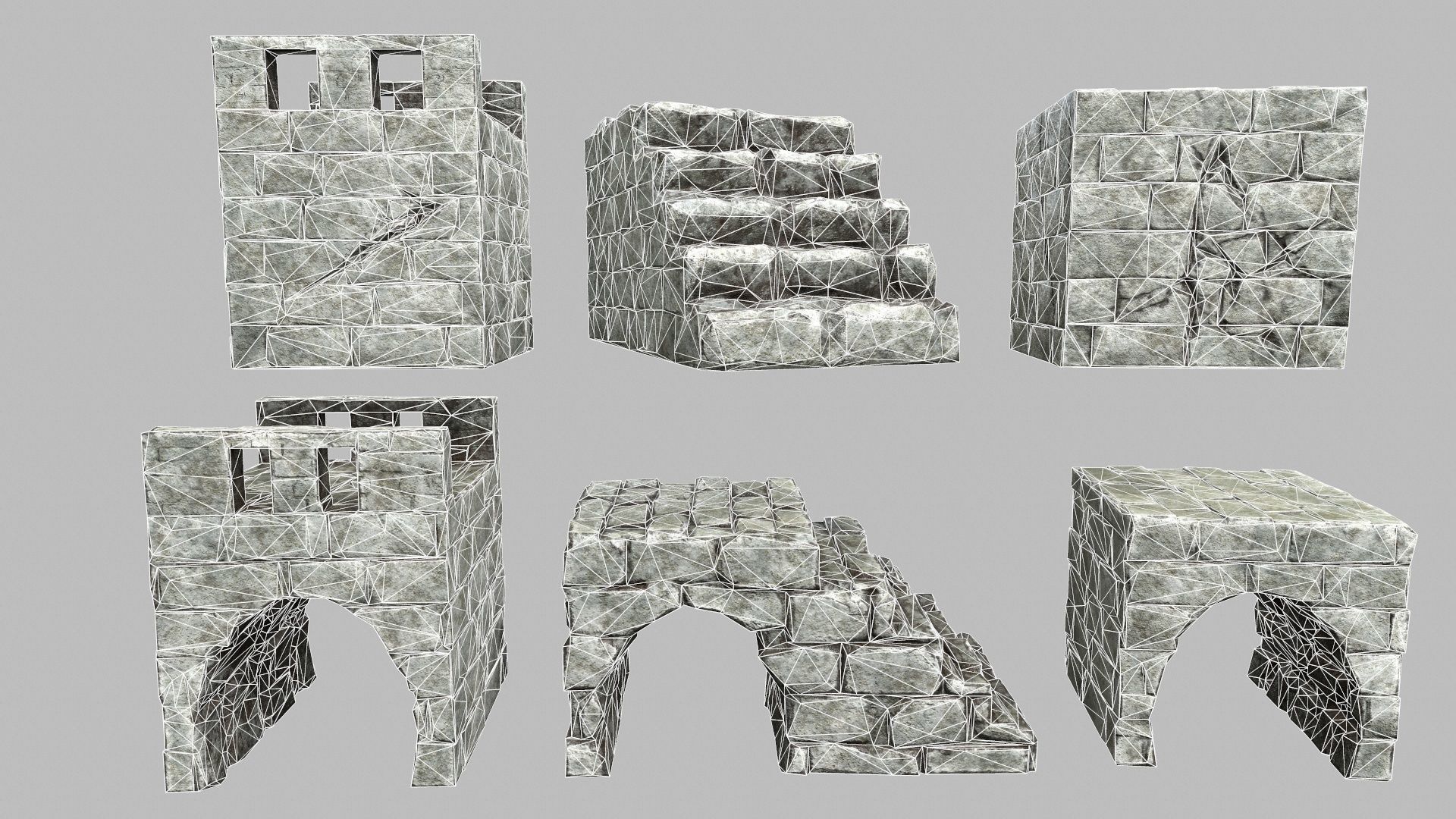 Stair Set brick wall Low-poly 3D model_4