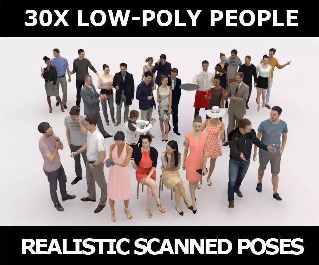 30x MAN WOMAN ELEGANT CASUAL VOL1VOL2 PEOPLE SITTING CROWDS Low-poly 3D model