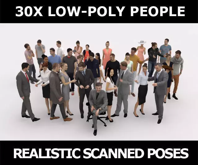 30x MAN WOMAN CASUAL PEOPLE VOL1 VOL2 BUSINESS CROWDS Low-poly 3D model