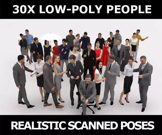 30x MAN WOMAN BUSINESS ELEGANT CASUAL PEOPLE SITTING CROWDS Low-poly 3D model