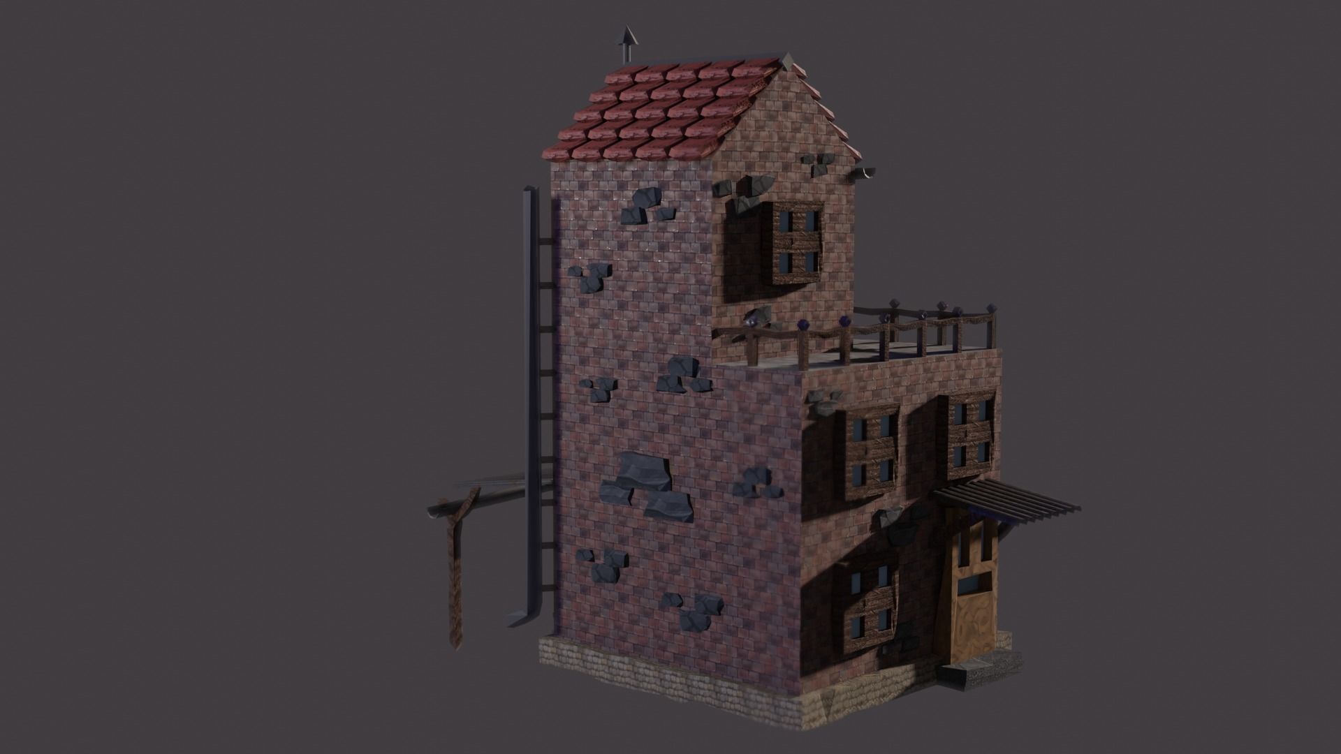 low-poly house brick building with roof Low-poly 3D model_4