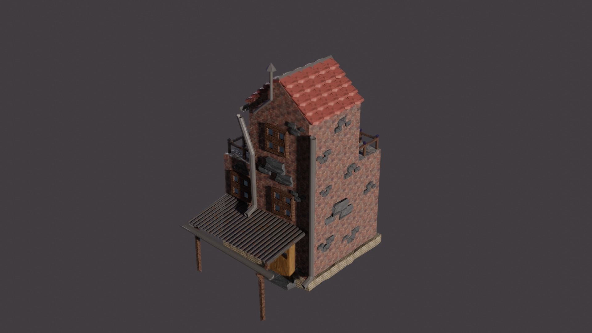 low-poly house brick building with roof Low-poly 3D model_3