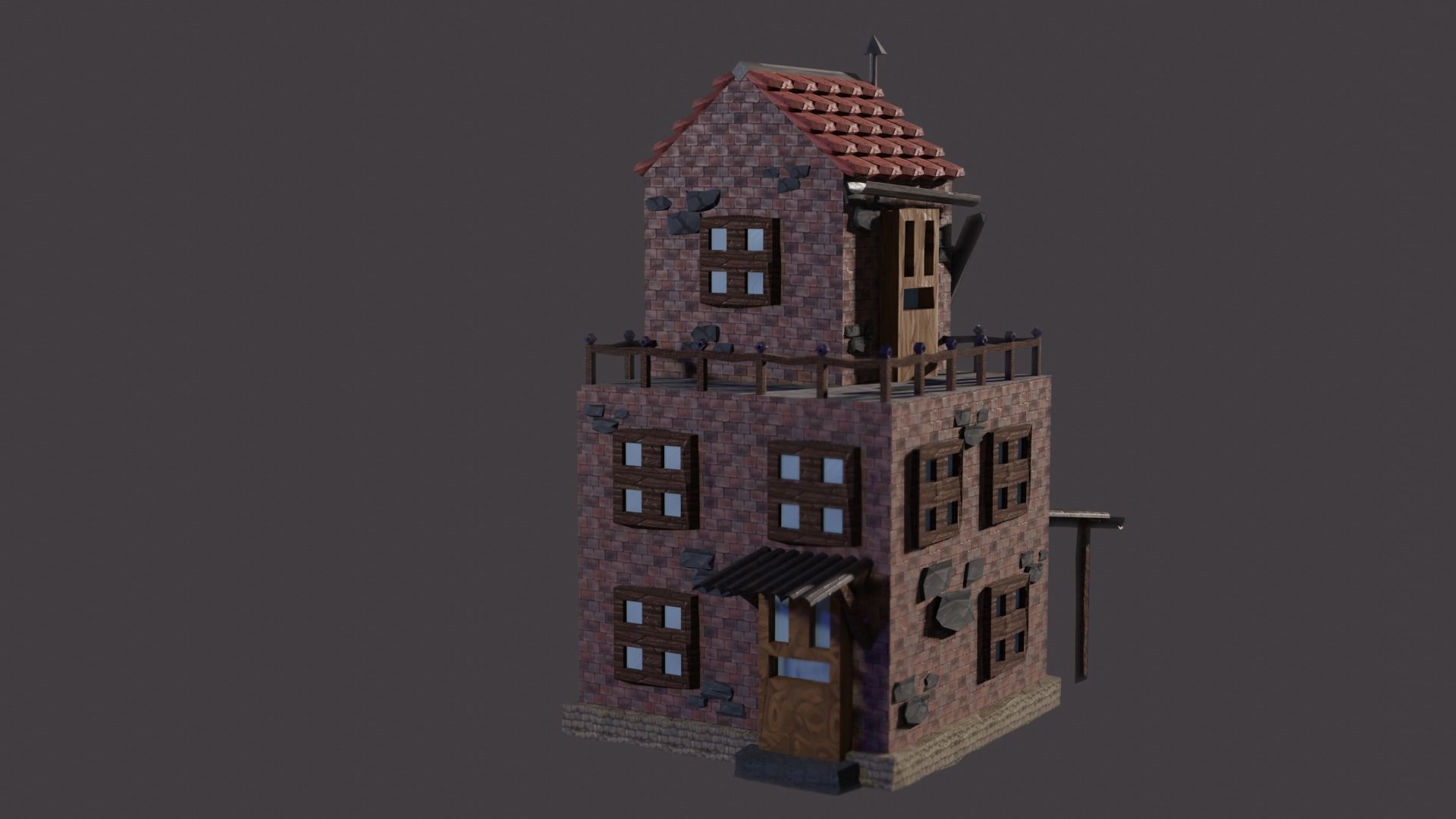 low-poly house brick building with roof Low-poly 3D model_5