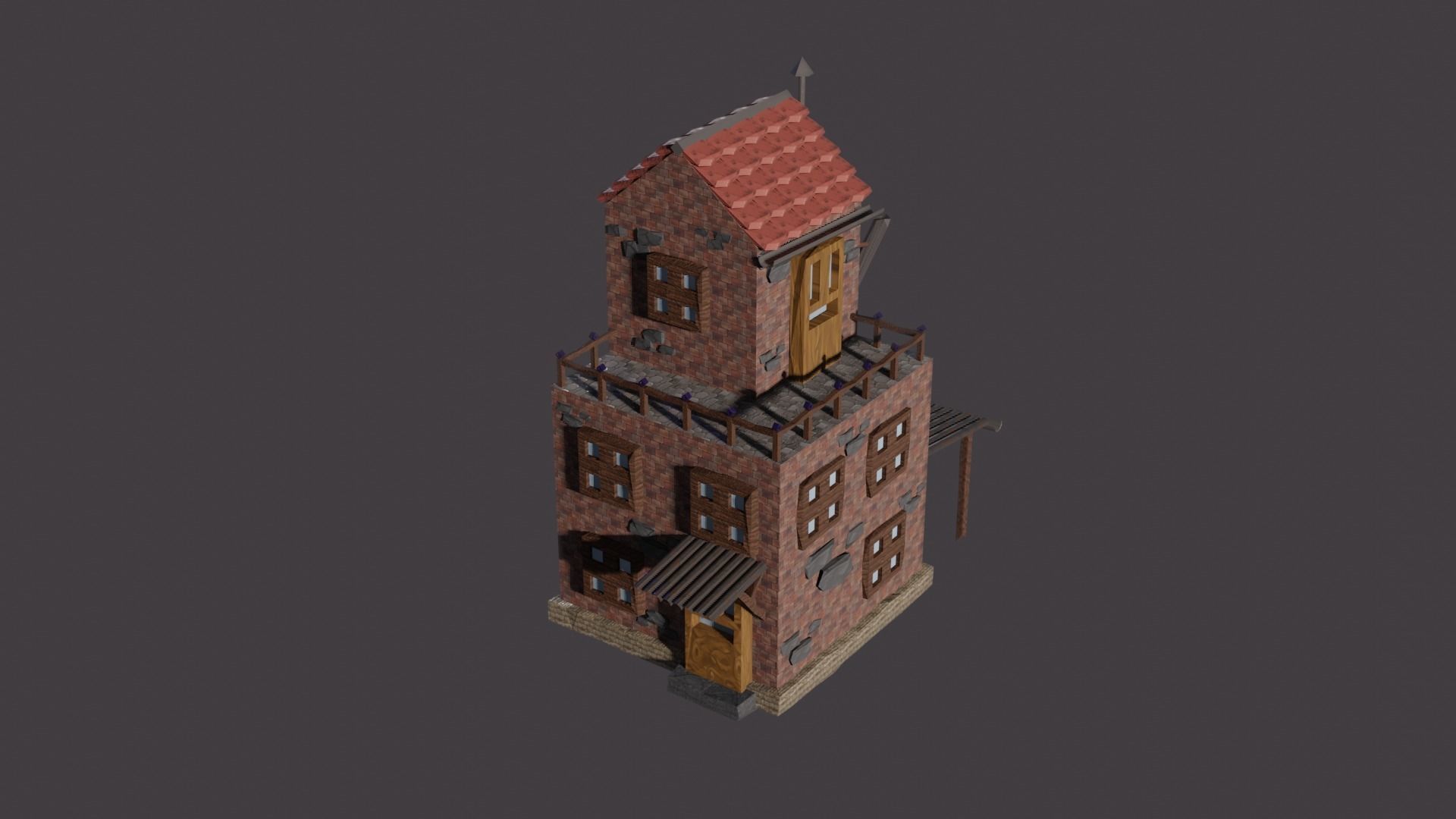 low-poly house brick building with roof Low-poly 3D model_2