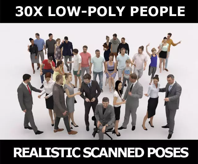 30x MAN WOMAN BUSINESS SUMMER CASUAL PEOPLE SITTING CROWDS Low-poly 3D model