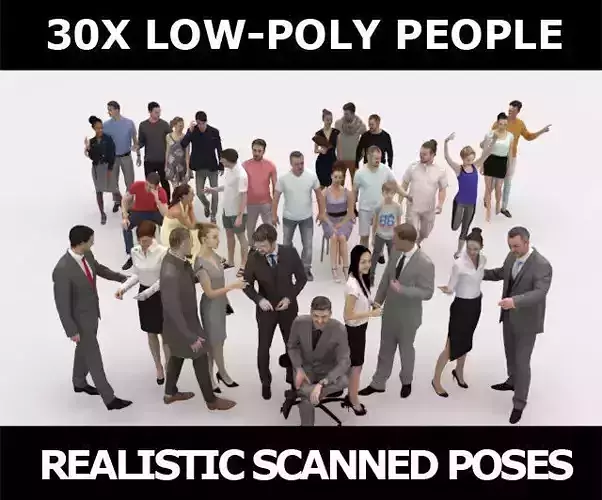 30x MAN WOMAN BUSINESS SUMMER CASUAL PEOPLE SITTING CROWDS Low-poly 3D model