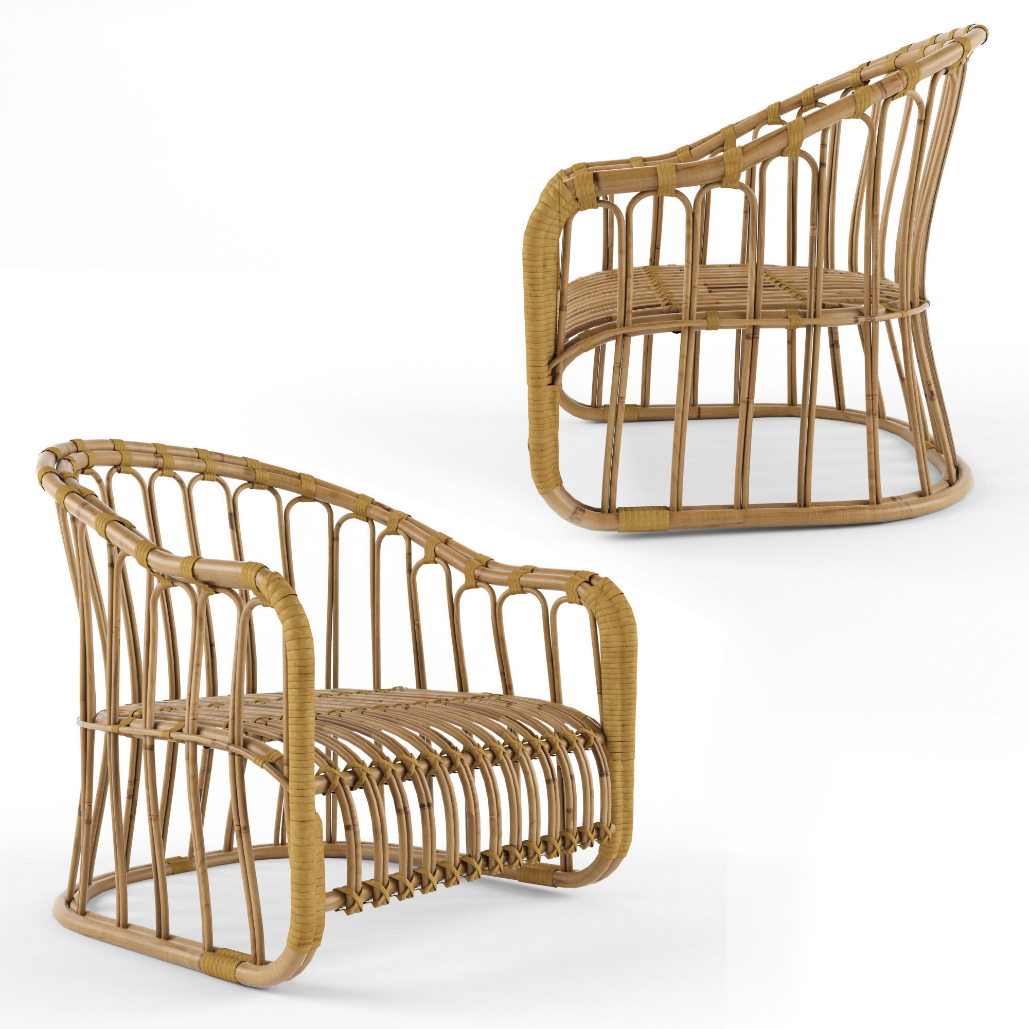 3 natural rattan bamboo chairs 3D model_1