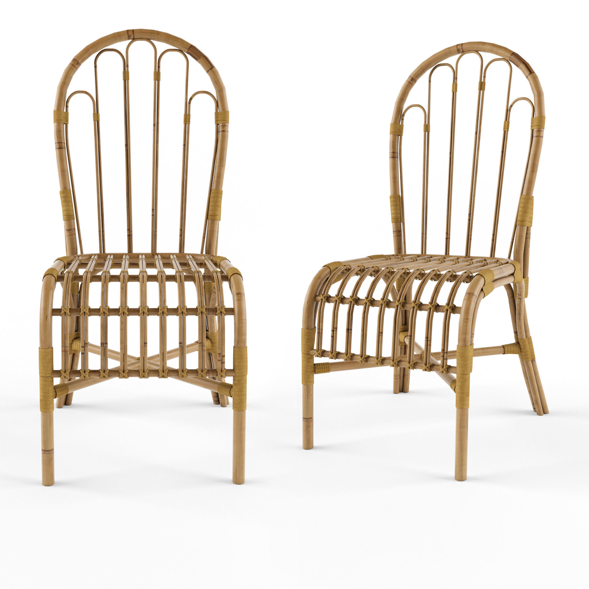 3 natural rattan bamboo chairs 3D model_2