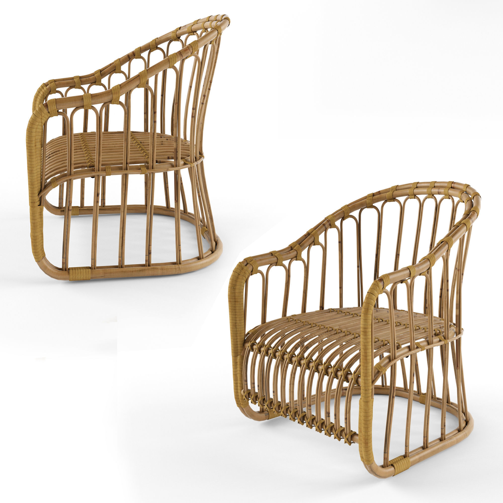 3 natural rattan bamboo chairs 3D model_3