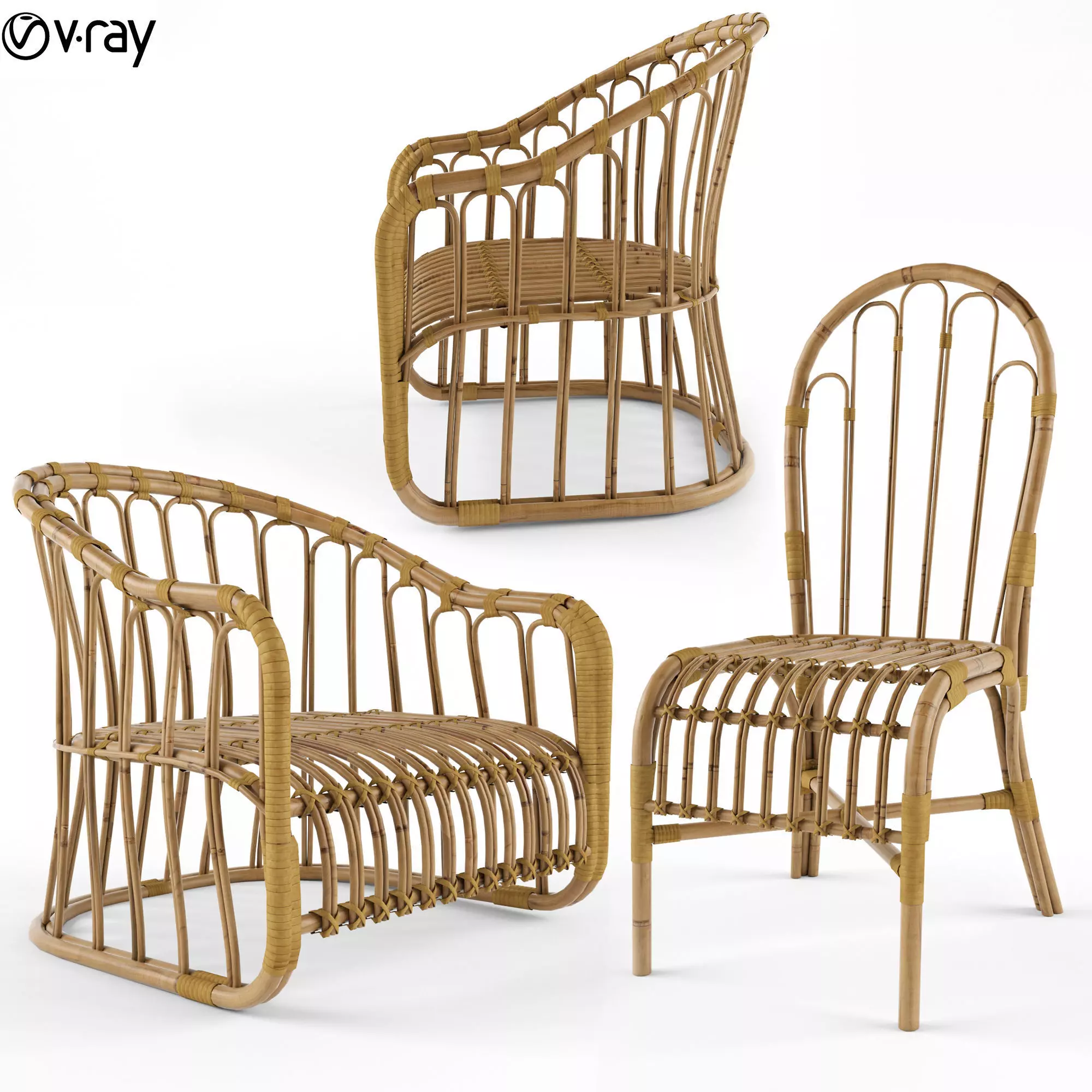 3 natural rattan bamboo chairs 3D model_0