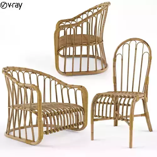 3 natural rattan bamboo chairs 3D model