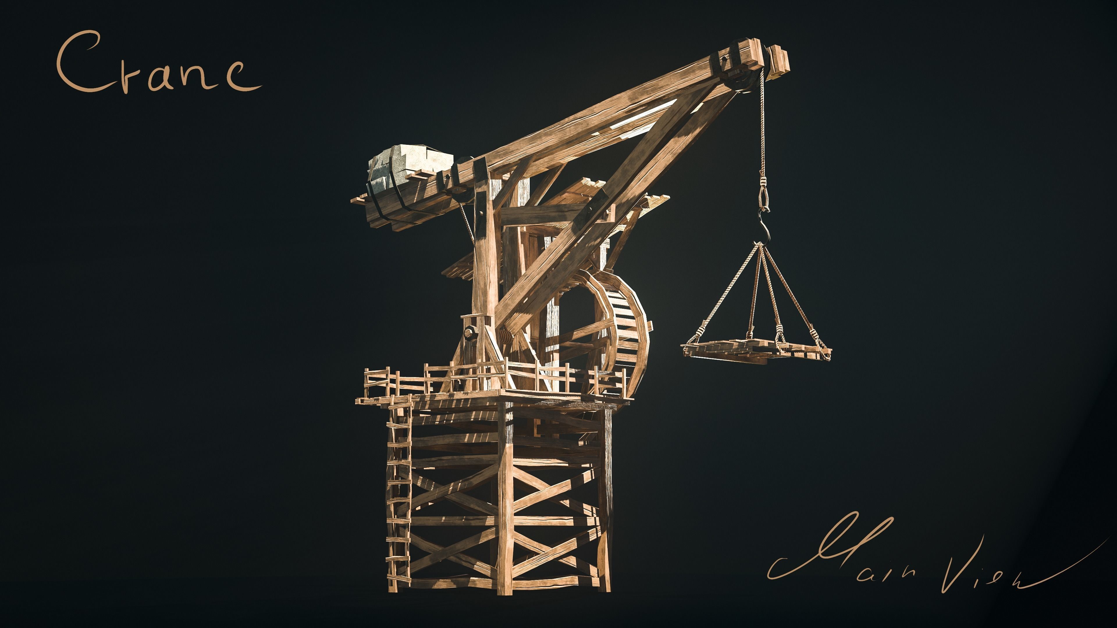 Crane Medieval Low Poly  Low-poly 3D model_3