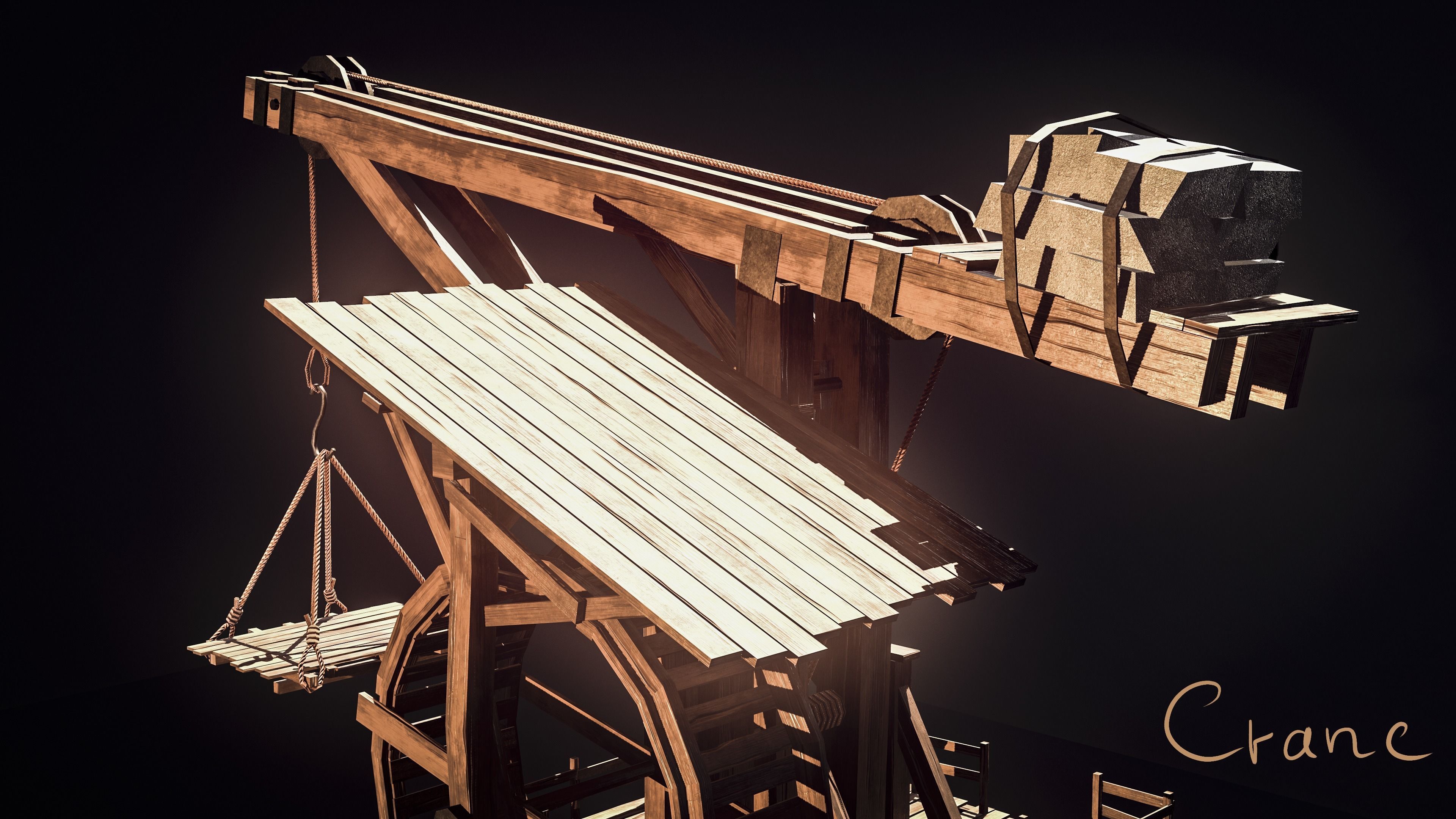 Crane Medieval Low Poly  Low-poly 3D model_6
