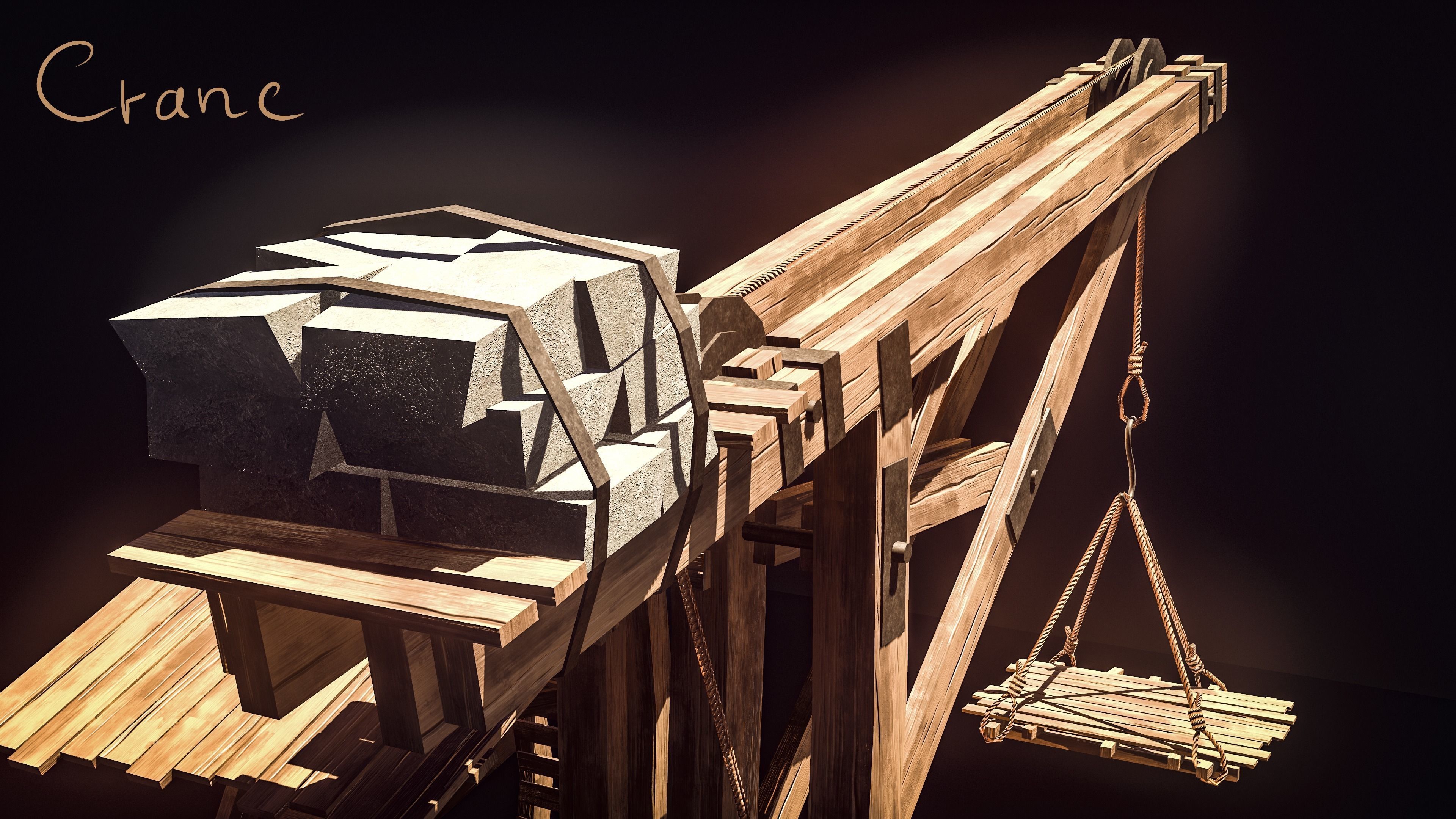 Crane Medieval Low Poly  Low-poly 3D model_7