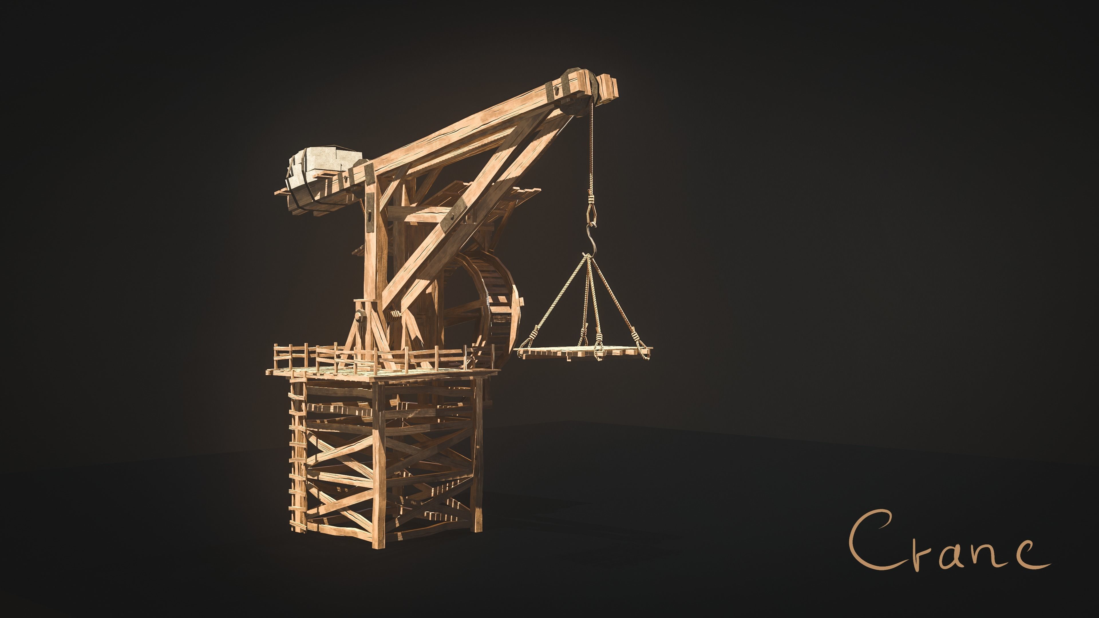 Crane Medieval Low Poly  Low-poly 3D model_9