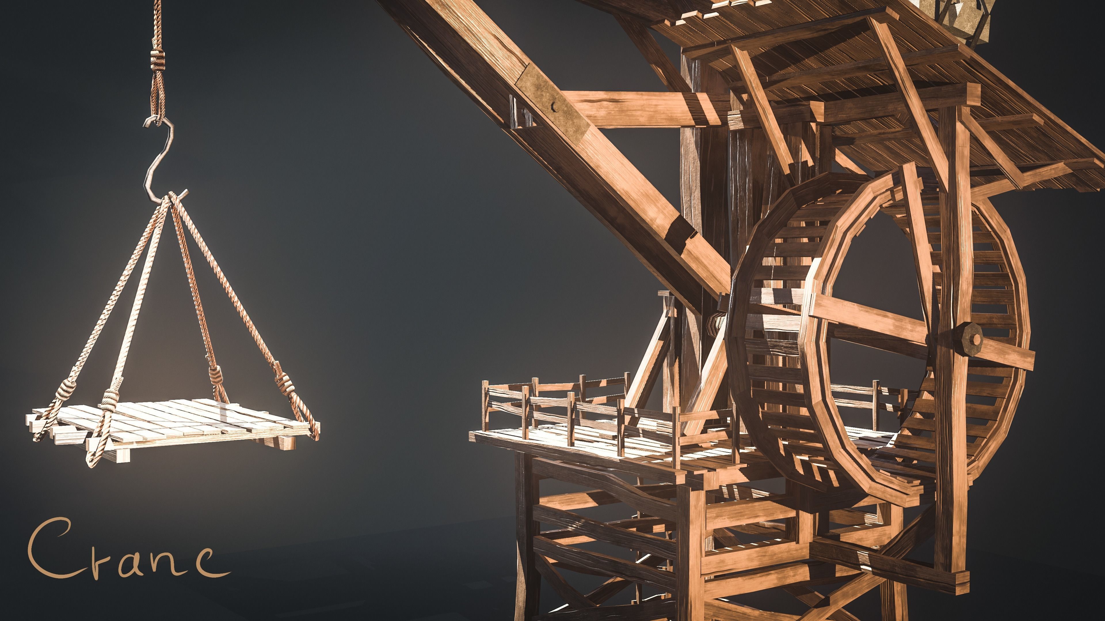 Crane Medieval Low Poly  Low-poly 3D model_2