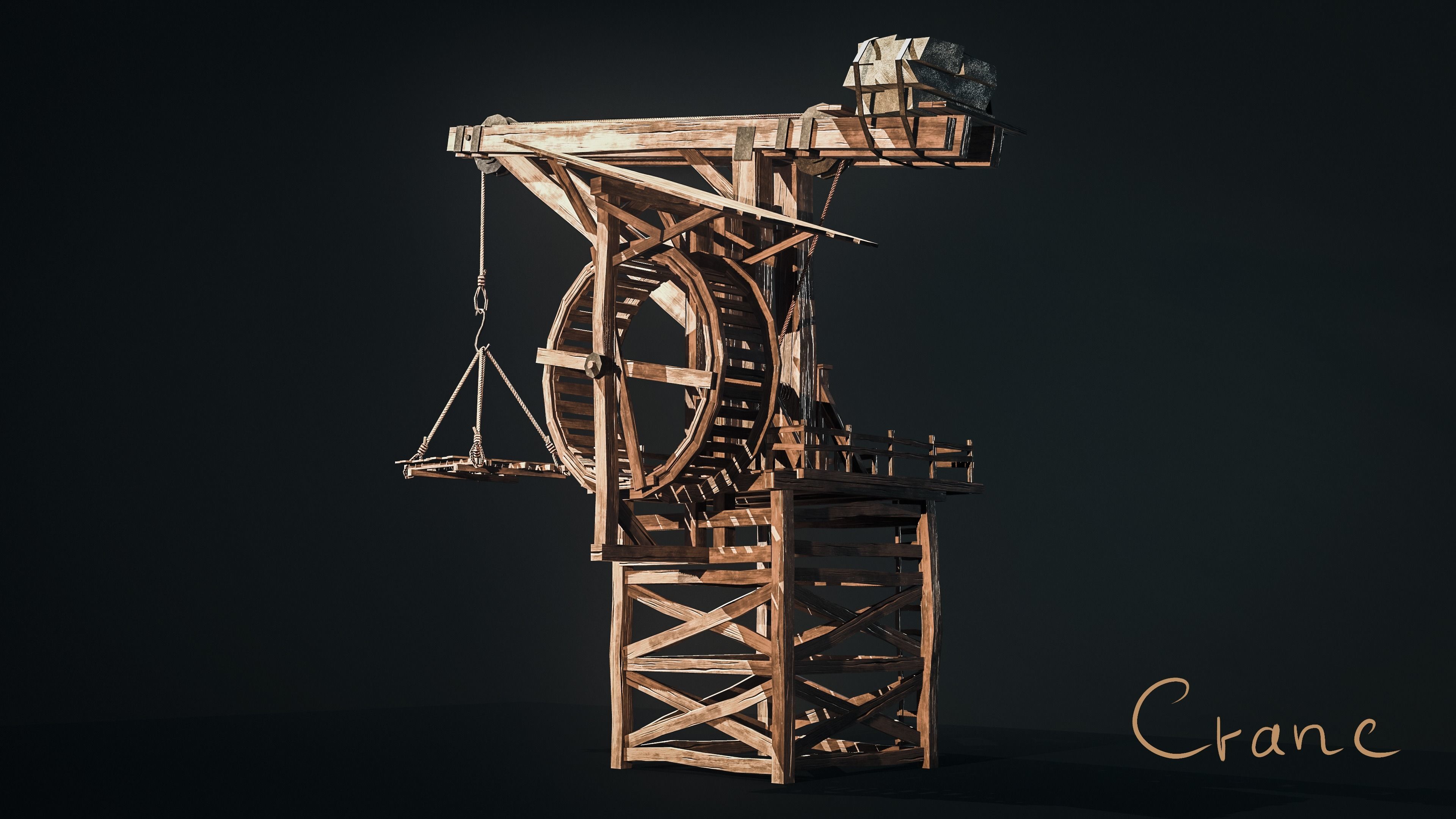 Crane Medieval Low Poly  Low-poly 3D model_5