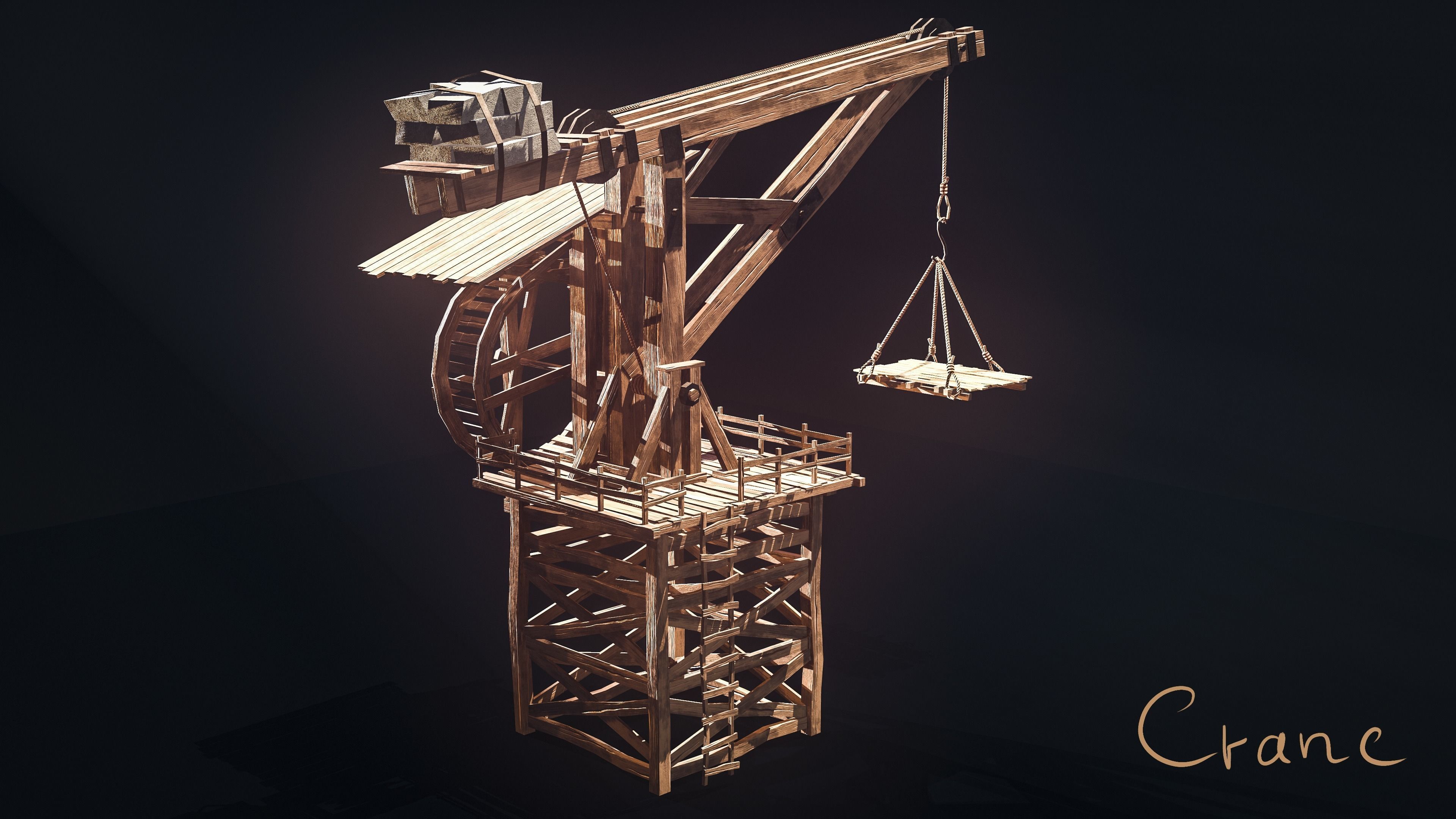 Crane Medieval Low Poly  Low-poly 3D model_8