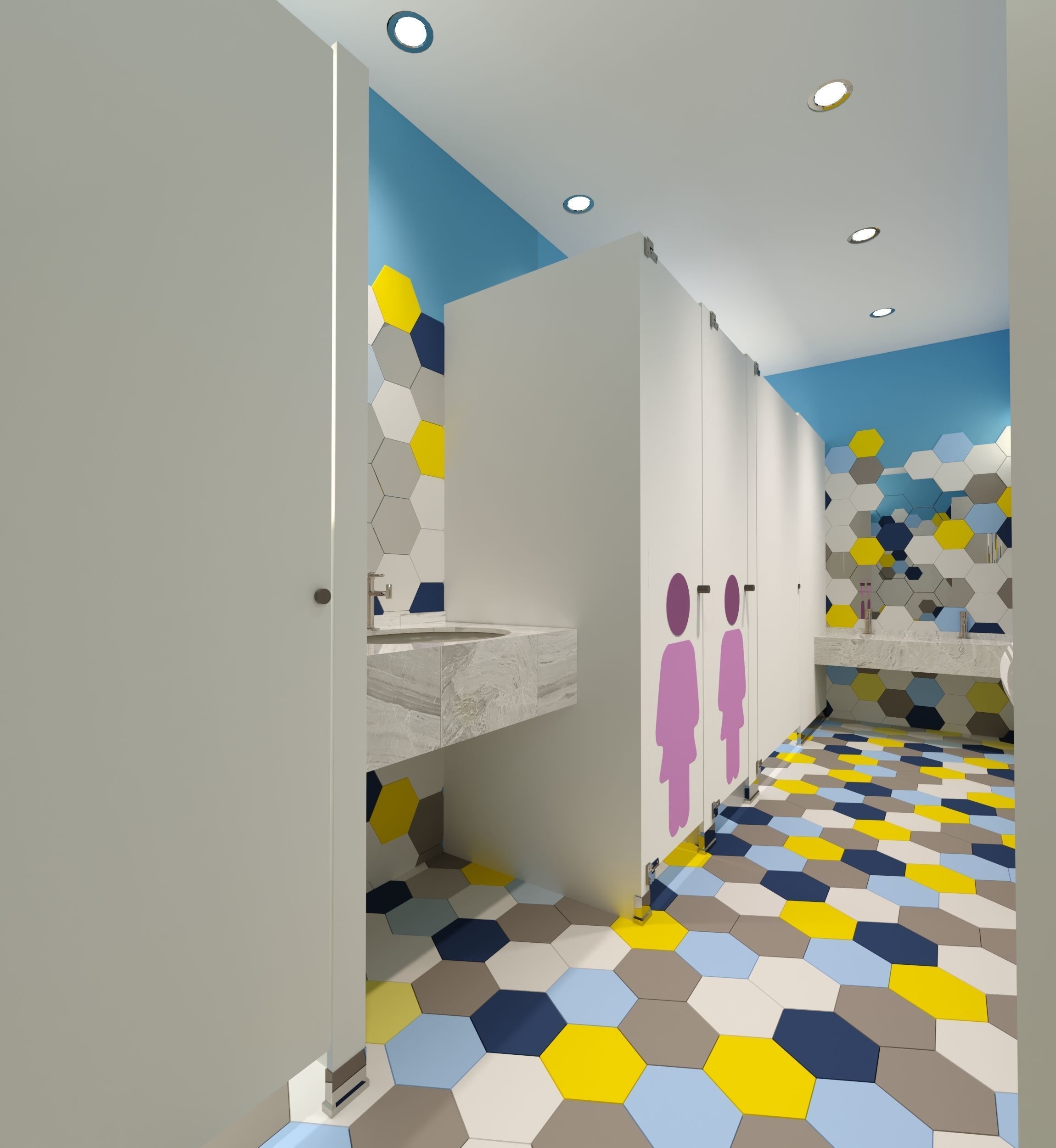 Kids Restroom with hexagon tile  3D model_2