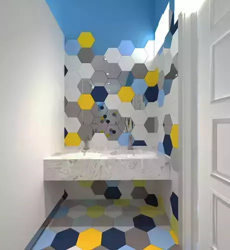 Kids Restroom with hexagon tile 