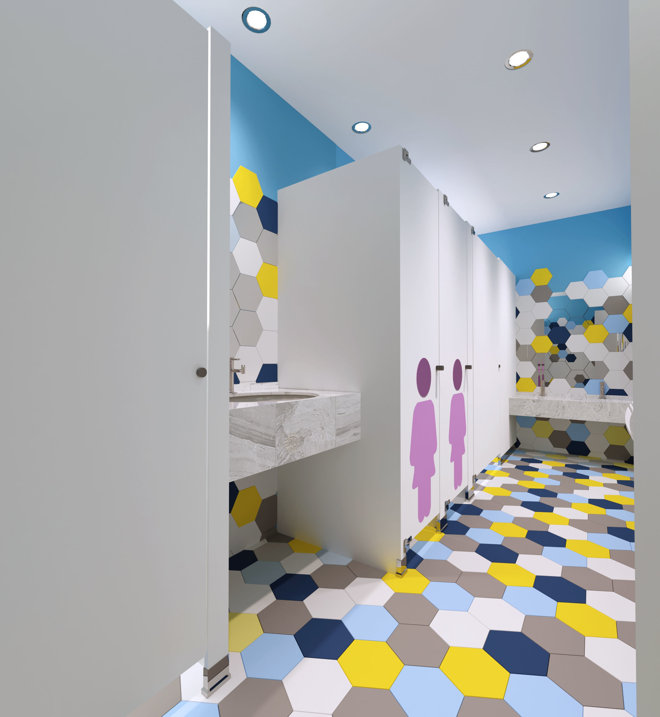 Kids Restroom with hexagon tile  3D model_1