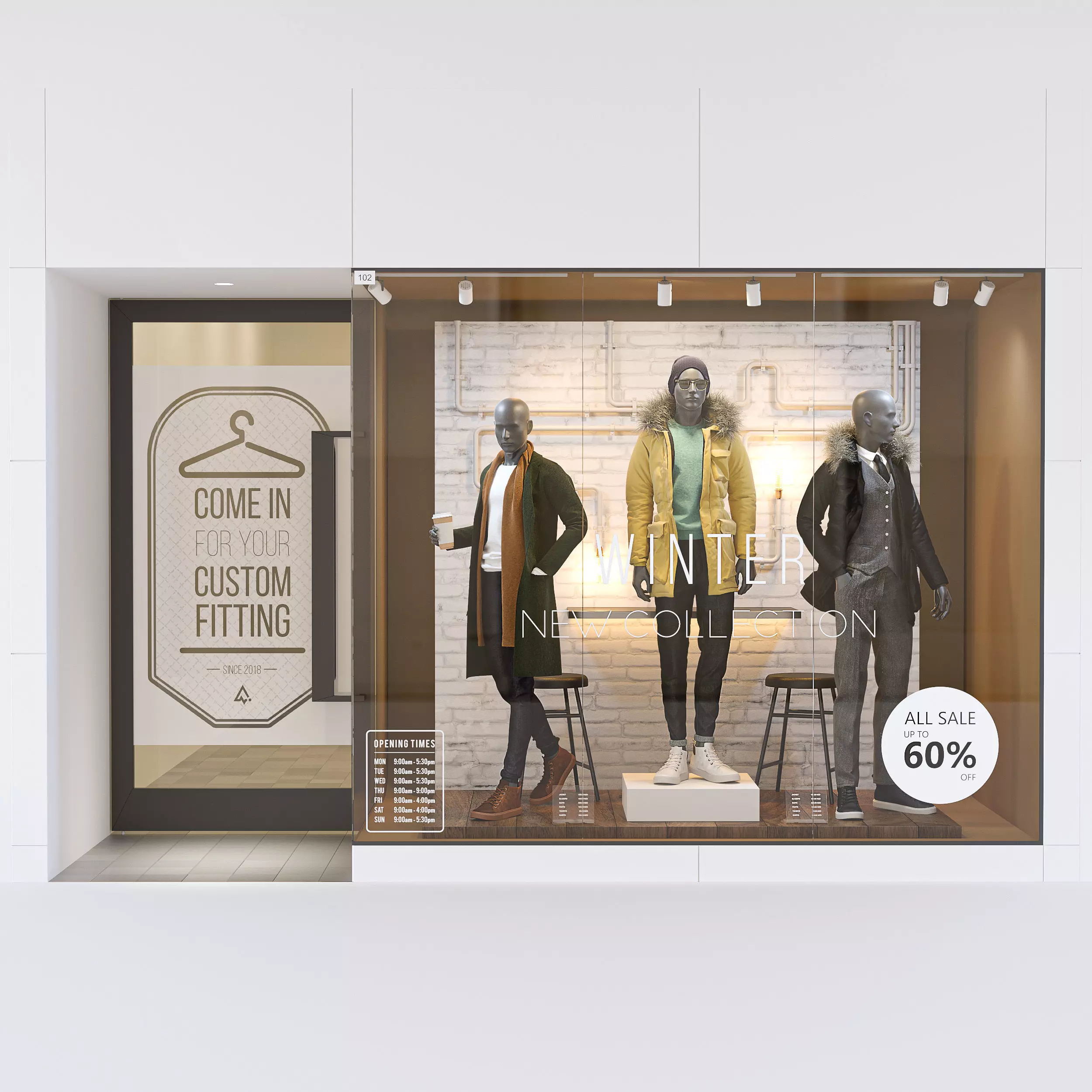 Shop front with male mannequin 3D model_0
