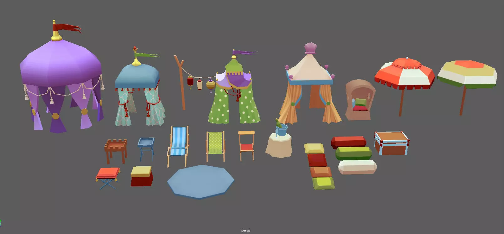 Stylized Cartoon Beach Tents set Low-poly 3D model_0
