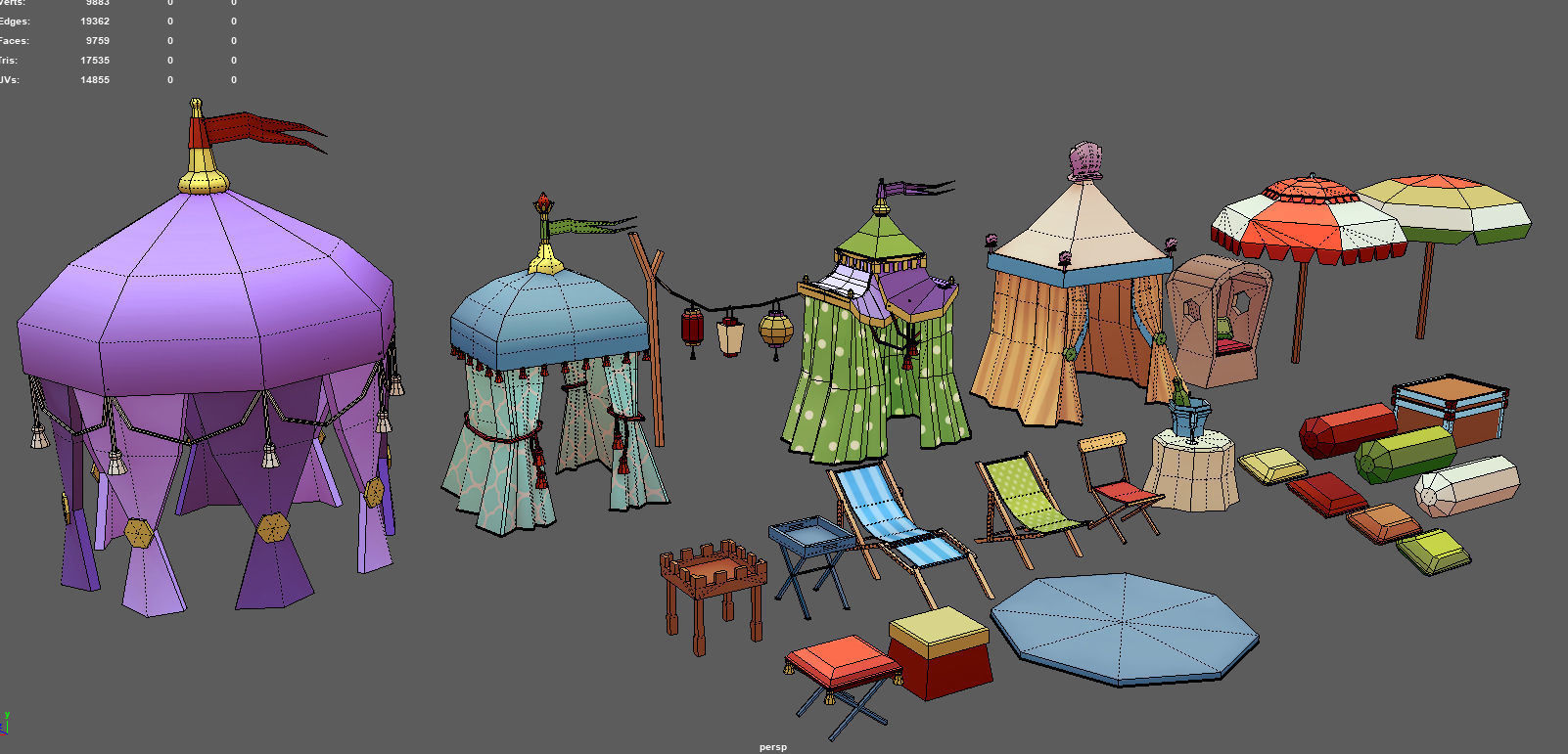 Stylized Cartoon Beach Tents set Low-poly 3D model_1
